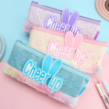 Cheer Up Soft Fur Bunny Ear Design Single Zipper Portable Pencil Pouch